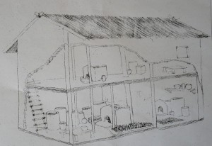 Неолитните жилища - скица на вида им, в който са били - дом на два етажа